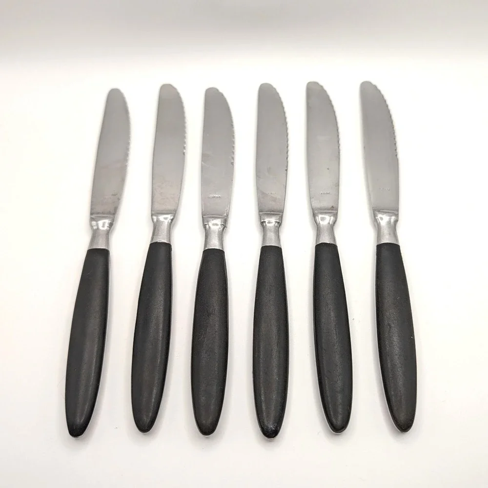 Halco Steak Knives Set of 6 Vintage Stainless Japan Black Handle MCM Full Tang